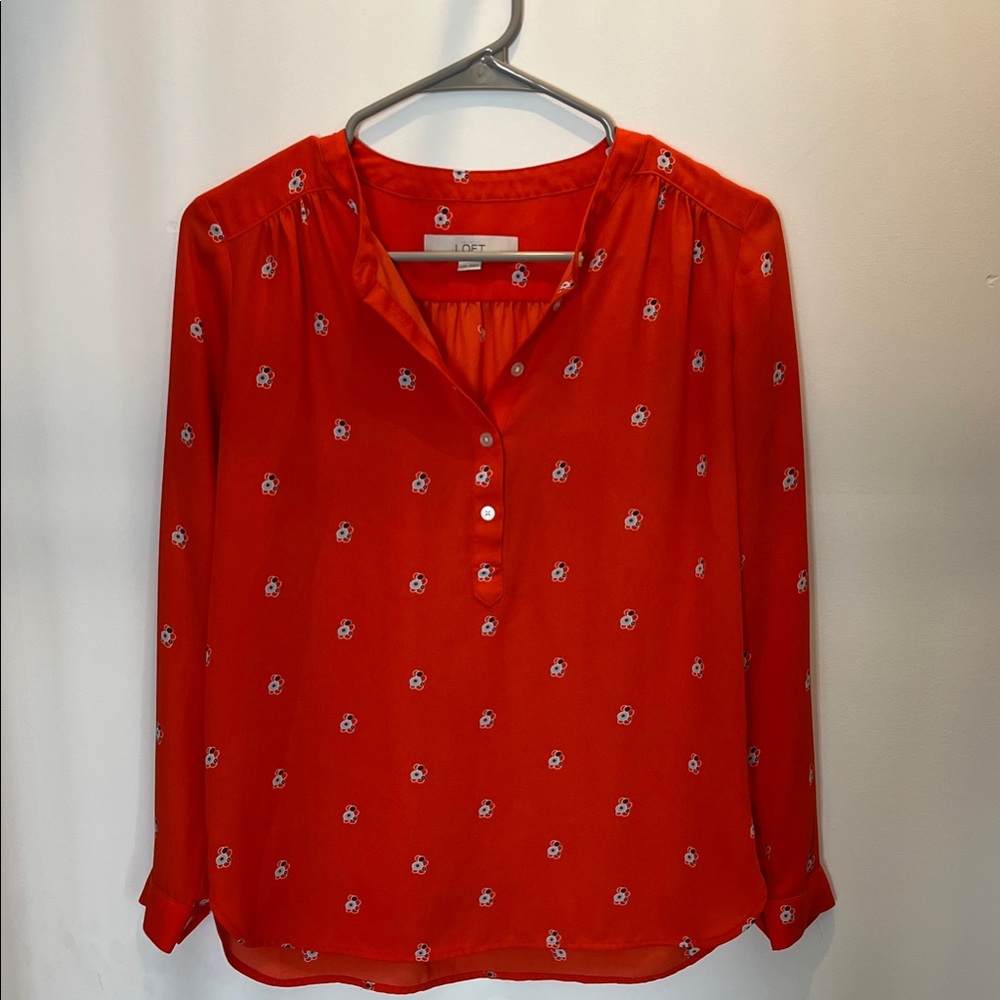 LOFT Red Button-Down Blouse with Floral Pattern